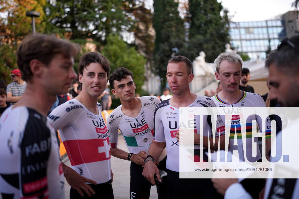 Mexico s Isaac Del Toro Romero of UAE Team Emirates XRG during the team presentation on the eve of the 120th edition of Il Lombardia cycling race, in Bergamo on October 9, 2026, prior to the 239 km one-day race from Bergamo to Como, Italy.