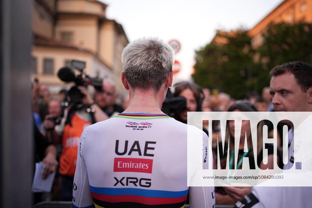 USA s Brandon McNulty of UAE Team Emirates XRG during the team presentation on the eve of the 120th edition of Il Lombardia cycling race, in Bergamo on October 9, 2026, prior to the 239 km one-day race from Bergamo to Como, Italy.