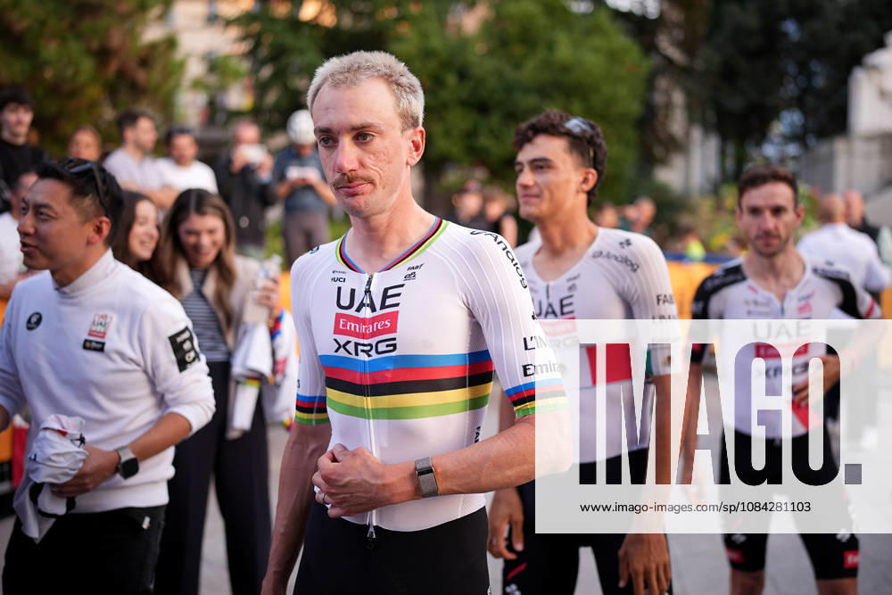 USA s Brandon McNulty of UAE Team Emirates XRG during the team presentation on the eve of the 120th edition of Il Lombardia cycling race, in Bergamo on October 9, 2026, prior to the 239 km one-day race from Bergamo to Como, Italy.