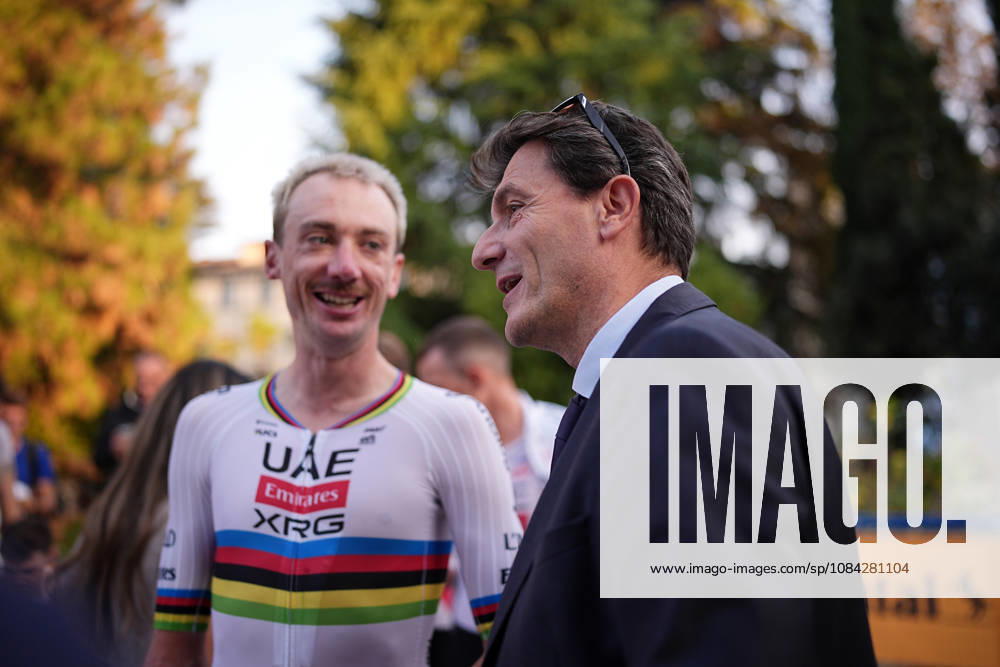 USA s Brandon McNulty of UAE Team Emirates XRG and Luca Guercilena RCS during the team presentation on the eve of the 120th edition of Il Lombardia cycling race, in Bergamo on October 9, 2026, prior to the 239 km one-day race from Bergamo to Como, Italy.