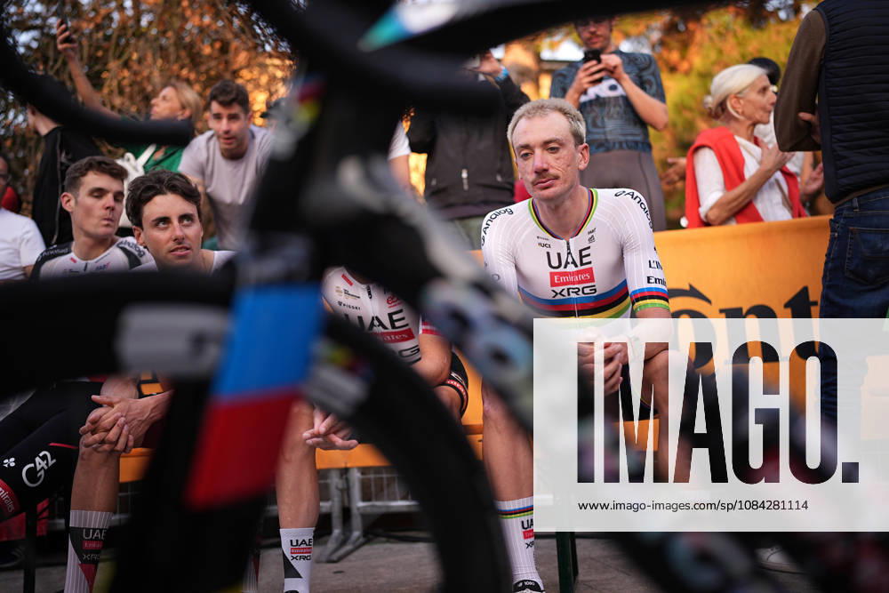USA s Brandon McNulty of UAE Team Emirates XRG during the team presentation on the eve of the 120th edition of Il Lombardia cycling race, in Bergamo on October 9, 2026, prior to the 239 km one-day race from Bergamo to Como, Italy.