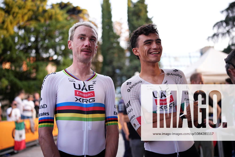 USA s Brandon McNulty of UAE Team Emirates XRG and Mexico s Isaac Del Toro Romero of UAE Team Emirates XRG during the team presentation on the eve of the 120th edition of Il Lombardia cycling race, in Bergamo on October 9, 2026, prior to the 239 km one-day race from Bergamo to Como, Italy.