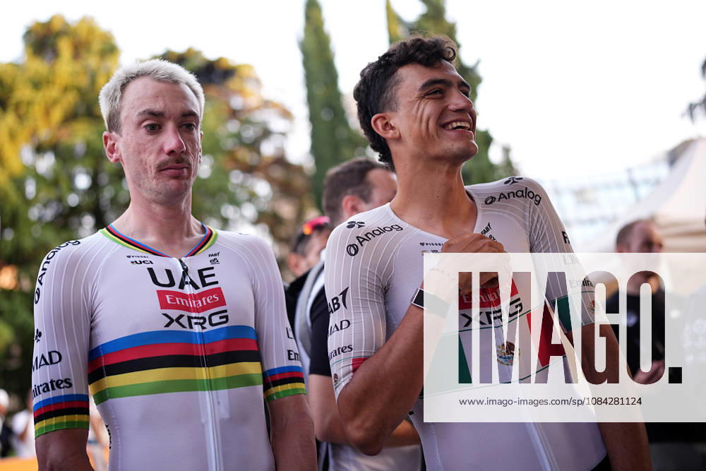 USA s Brandon McNulty of UAE Team Emirates XRG and Mexico s Isaac Del Toro Romero of UAE Team Emirates XRG during the team presentation on the eve of the 120th edition of Il Lombardia cycling race, in Bergamo on October 9, 2026, prior to the 239 km one-day race from Bergamo to Como, Italy.