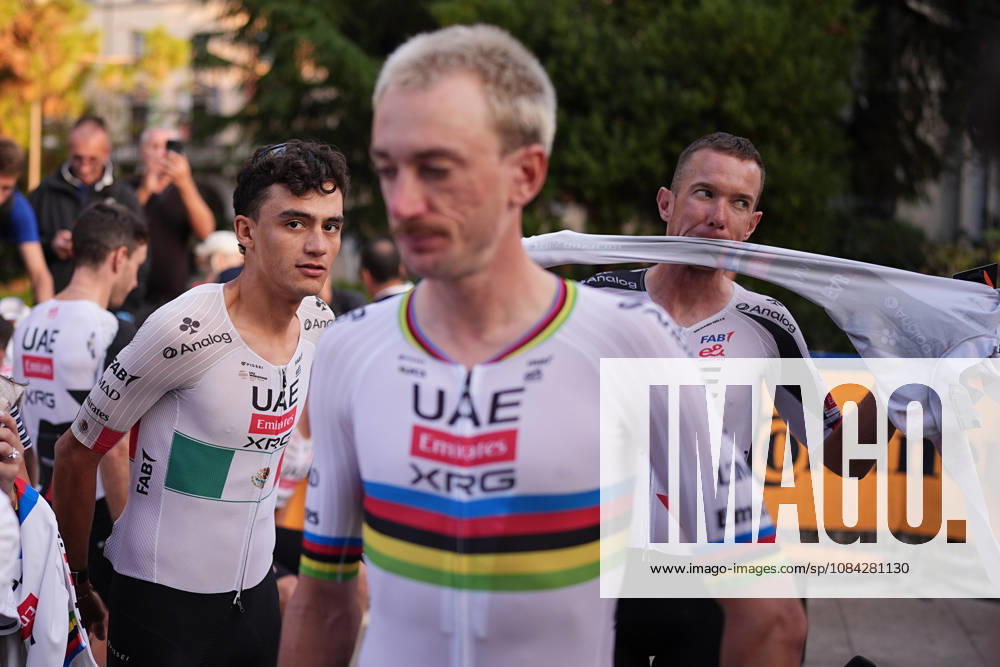 Mexico s Isaac Del Toro Romero of UAE Team Emirates XRG during the team presentation on the eve of the 120th edition of Il Lombardia cycling race, in Bergamo on October 9, 2026, prior to the 239 km one-day race from Bergamo to Como, Italy.