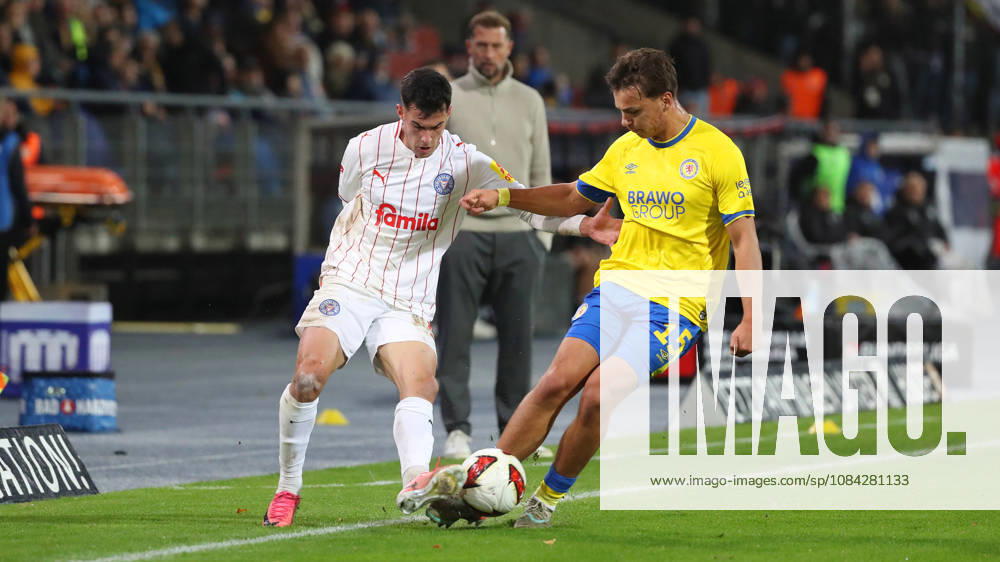 Braunschweig vs. Kiel, 2nd Bundesliga Braunschweig, October 9, 2026, Soccer, Men s, 2nd Bundesliga, 2026–2027 Season, Eintracht Braunschweig vs. Holstein Kiel; Guillermo Balzi (Kiel), Max Marie (Eintracht Braunschweig); DFL and DFB regulations prohibit any use of photographs as image sequences and or quasi-video; Stadion an der Hamburger Straße, Lower Saxony, Germany
