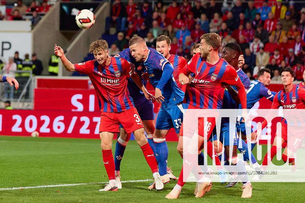 Heading duel in the penalty area: Jan Schoeppner (1 FC Heidenheim, 03), Jan Elvedi (1 FC Kaiserslautern, 33), Julian Niehues (1 FC Heidenheim, 16), Maxwell Gyamfi (1 FC Kaiserslautern, 04 GER), 1 FC Heidenheim 1846 vs. 1 FC Kaiserslautern, Soccer, 2. Bundesliga, Matchday 7, 2026–2027 season, Oct 9, 2026 DFL regulations prohibit any use of photographs as image sequences and or quasi-video GER, 1 FC Heidenheim 1846 vs. 1 FC Kaiserslautern, Soccer, 2. Bundesliga, Matchday 7, 2026–2027 season, October 9, 2026, Heidenheim an der Brenz