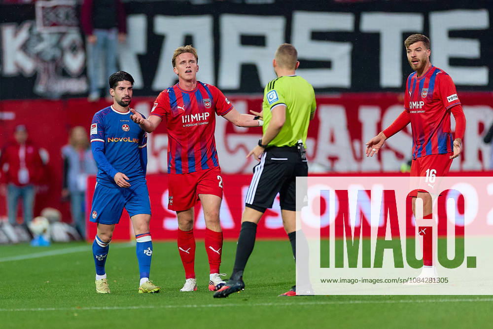 Semih Sahin, 1 FC Kaiserslautern, 08; Mikkel Kaufmann, 1 FC Heidenheim, 29 (protests); Florian Lechner, referee; Julian Niehues, 1 FC Heidenheim, 16 (GER); 1 FC Heidenheim 1846 vs. 1 FC Kaiserslautern, Soccer, 2. Bundesliga, Matchday 7, 2026–2027 season, October 9, 2026 DFL regulations prohibit any use of photographs as image sequences and or quasi-video GER, 1 FC Heidenheim 1846 vs. 1 FC Kaiserslautern, Soccer, 2. Bundesliga, Matchday 7, 2026–2027 season, October 9, 2026, Heidenheim an der Brenz