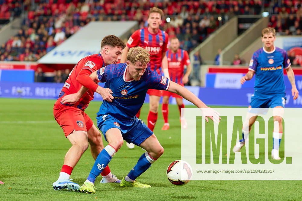 Head-to-head matchup between Paul Hennrich (1 FC Heidenheim, 08) and Mika Haas (1 FC Kaiserslautern, 22 GER), 1 FC Heidenheim 1846 vs. 1 FC Kaiserslautern, soccer, 2. Bundesliga, Matchday 7, 2026–2027 season, October 9, 2026 DFL regulations prohibit any use of photographs as image sequences and or quasi-video GER, 1 FC Heidenheim 1846 vs. 1 FC Kaiserslautern, soccer, 2. Bundesliga, Matchday 7, 2026–2027 season, October 9, 2026, Heidenheim an der Brenz