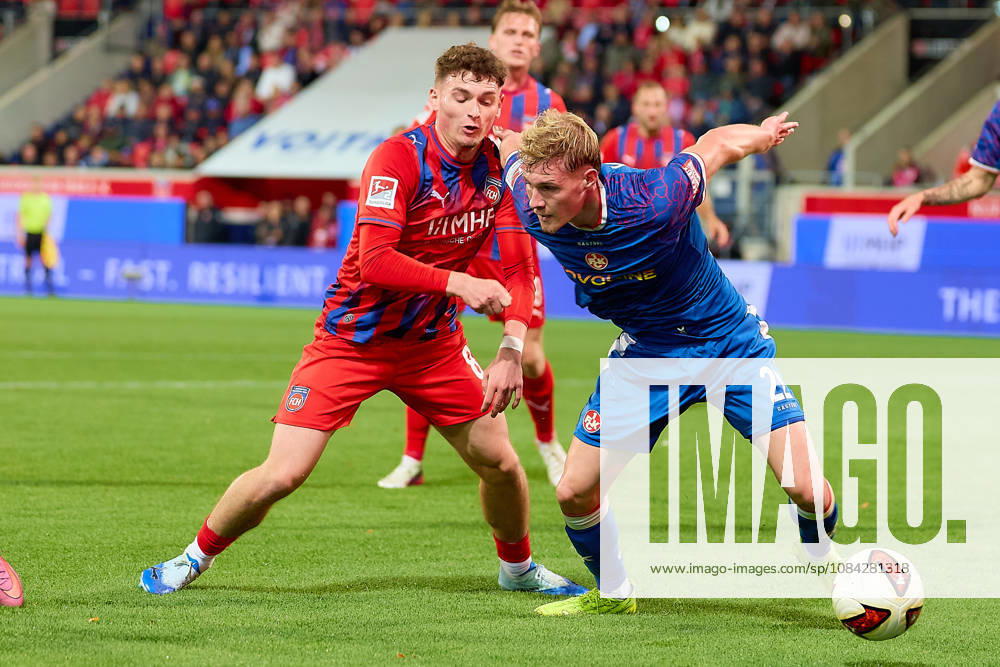 Head-to-head matchup between Paul Hennrich (1 FC Heidenheim, 08) and Mika Haas (1 FC Kaiserslautern, 22 GER), 1 FC Heidenheim 1846 vs. 1 FC Kaiserslautern, soccer, 2. Bundesliga, Matchday 7, 2026–2027 season, October 9, 2026 DFL regulations prohibit any use of photographs as image sequences and or quasi-video GER, 1 FC Heidenheim 1846 vs. 1 FC Kaiserslautern, soccer, 2. Bundesliga, Matchday 7, 2026–2027 season, October 9, 2026, Heidenheim an der Brenz