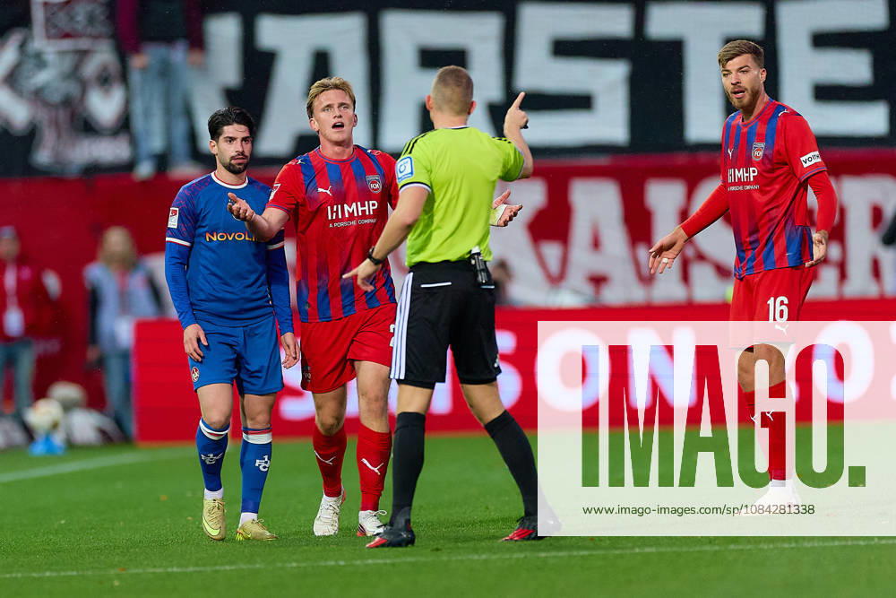 Semih Sahin, 1 FC Kaiserslautern, 08; Mikkel Kaufmann, 1 FC Heidenheim, 29 (protests); Florian Lechner, referee; Julian Niehues, 1 FC Heidenheim, 16 GER; 1 FC Heidenheim 1846 vs. 1 FC Kaiserslautern, Soccer, 2. Bundesliga, Matchday 7, 2026–2027 season, October 9, 2026 DFL regulations prohibit any use of photographs as image sequences and or quasi-video GER, 1 FC Heidenheim 1846 vs. 1 FC Kaiserslautern, Soccer, 2. Bundesliga, Matchday 7, 2026–2027 season, October 9, 2026, Heidenheim an der Brenz
