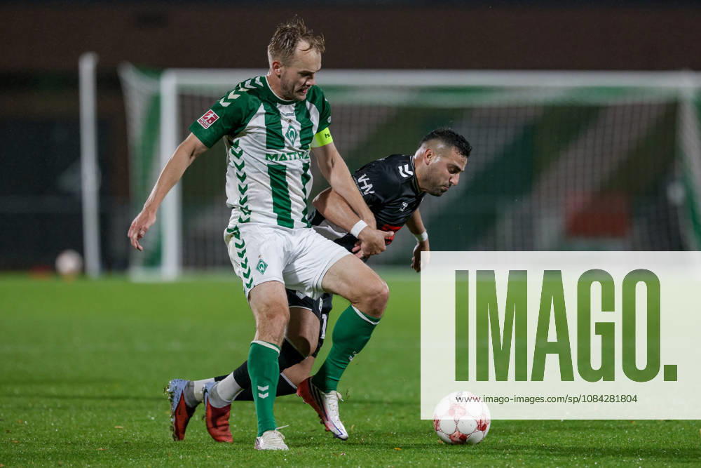 From left: Cimo Röcker (SV Werder Bremen II), 5, and Christofer David (SV Atlas Delmenhorst), 10, in a one-on-one battle; duel; dynamic play; action; game scene; October 9, 2026, Bremen, Germany, soccer, Regionalliga Nord, SV Werder Bremen II vs. SV Atlas Delmenhorst