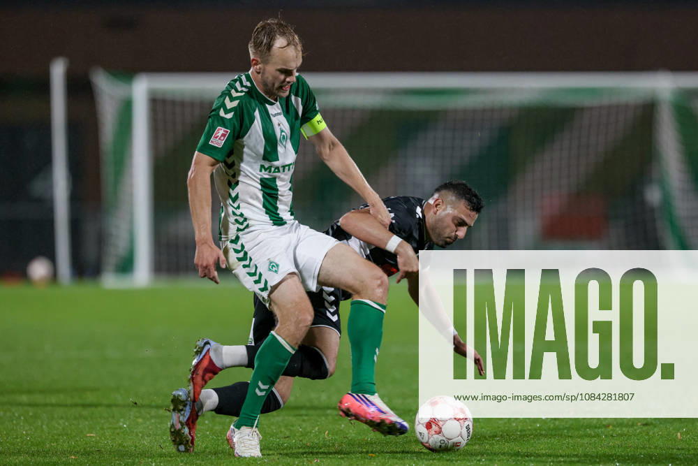 From left: Cimo Röcker (SV Werder Bremen II), 5, and Christofer David (SV Atlas Delmenhorst), 10, in a one-on-one battle; duel; dynamic play; action; game scene; October 9, 2026, Bremen, Germany, soccer, Regionalliga Nord, SV Werder Bremen II vs. SV Atlas Delmenhorst