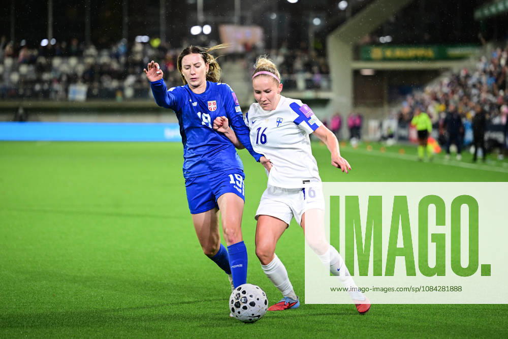 Sofija Sremcevic of Serbia (left) and Nea Lehtola of FInland in action during the women s World Cup European Qualifying play-off round first leg football match between Finland and Serbia in Tampere, Finland, on October 9, 2026, ahead of the 2027 FIFA Women s World Cup. - ANSSI TAKALA Tampere Finland vlJNHkUlL2I