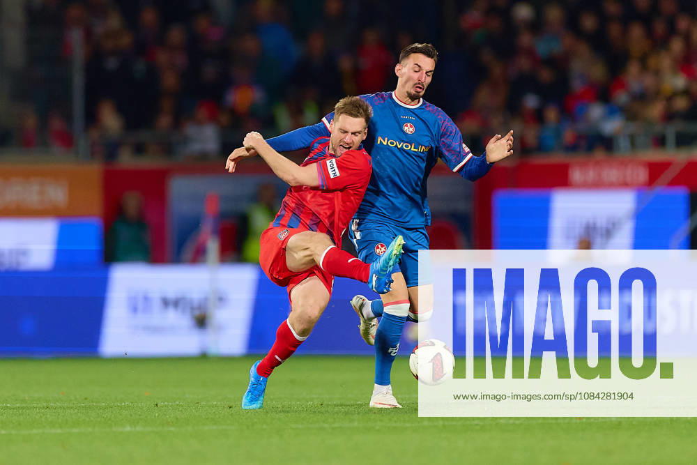 Head-to-head matchup between Patrick Mainka (1 FC Heidenheim, 06) and Mergim Berisha (FC Kaiserslautern, 20 GER), 1 FC Heidenheim 1846 vs. 1 FC Kaiserslautern, Soccer, 2. Bundesliga, Matchday 7, 2026–2027 season, October 9, 2026 DFL regulations prohibit any use of photographs as image sequences and or quasi-video GER, 1 FC Heidenheim 1846 vs. 1 FC Kaiserslautern, soccer, 2. Bundesliga, Matchday 7, 2026–2027 season, October 9, 2026, Heidenheim an der Brenz