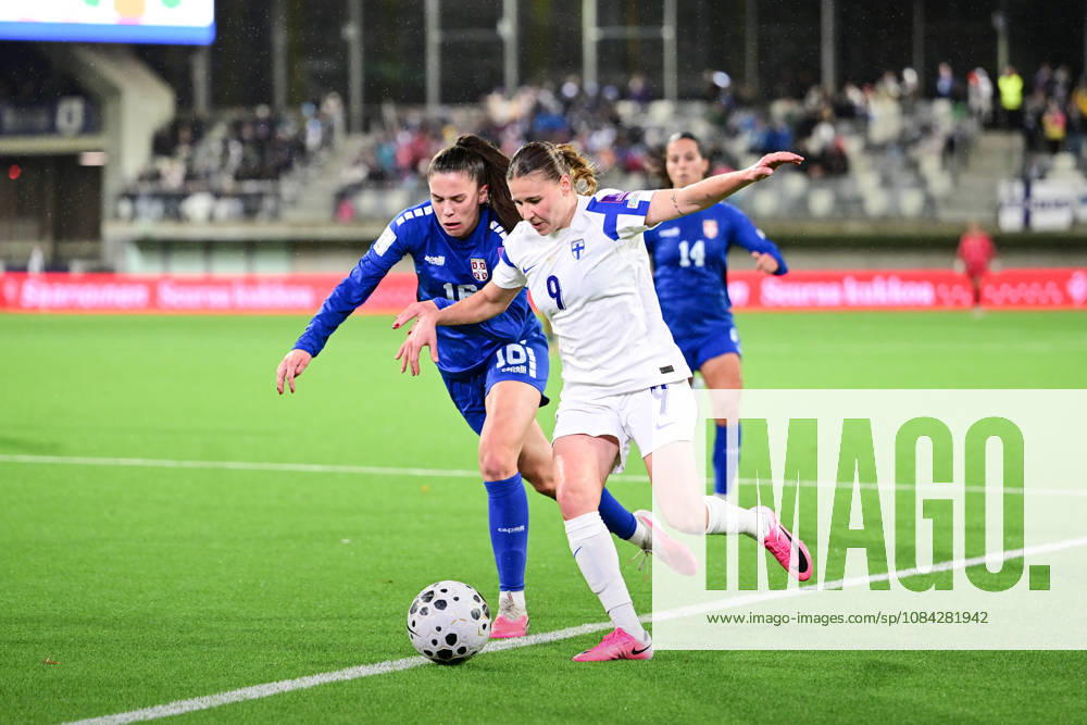 Mina Cavic of Serbia (left) and Katariina Kosola of Finland in action during the women s World Cup European Qualifying play-off round first leg football match between Finland and Serbia in Tampere, Finland, on October 9, 2026, ahead of the 2027 FIFA Women s World Cup. - ANSSI TAKALA Tampere Finland Q45c_5j_FqM