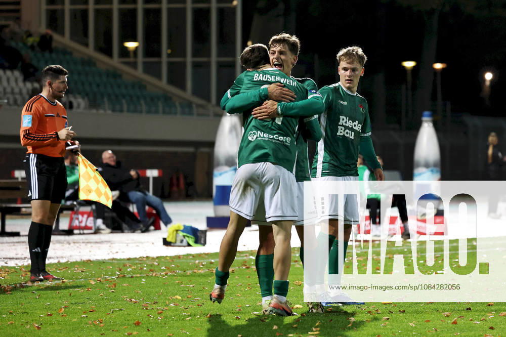 Men s Soccer, 2026–2027 Season, Bavarian Regional League, Matchday 13: 1 FC Schweinfurt 1905 vs. SC Eltersdorf; Lauris Bausenwein 21, 1 FC Schweinfurt 1905, Valentin Schmitt 11, 1 FC Schweinfurt 1905, and Gil Ebner 8, 1 FC Schweinfurt 1905, celebrating a goal after the 1–1 draw at Sachs Stadium in Schweinfurt, Bavaria, Germany