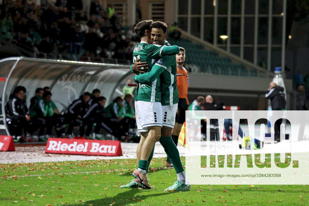 Men s Soccer, 2026–2027 Season, Bavarian Regional League, Matchday 13: 1 FC Schweinfurt 1905 vs. SC Eltersdorf. Celebrations after the 1–1 draw, Lauris Bausenwein 21, 1 FC Schweinfurt 1905, and Michael Dellinger 10, 1 FC Schweinfurt 1905; Schweinfurt, Sachs Stadium, Bavaria, Germany