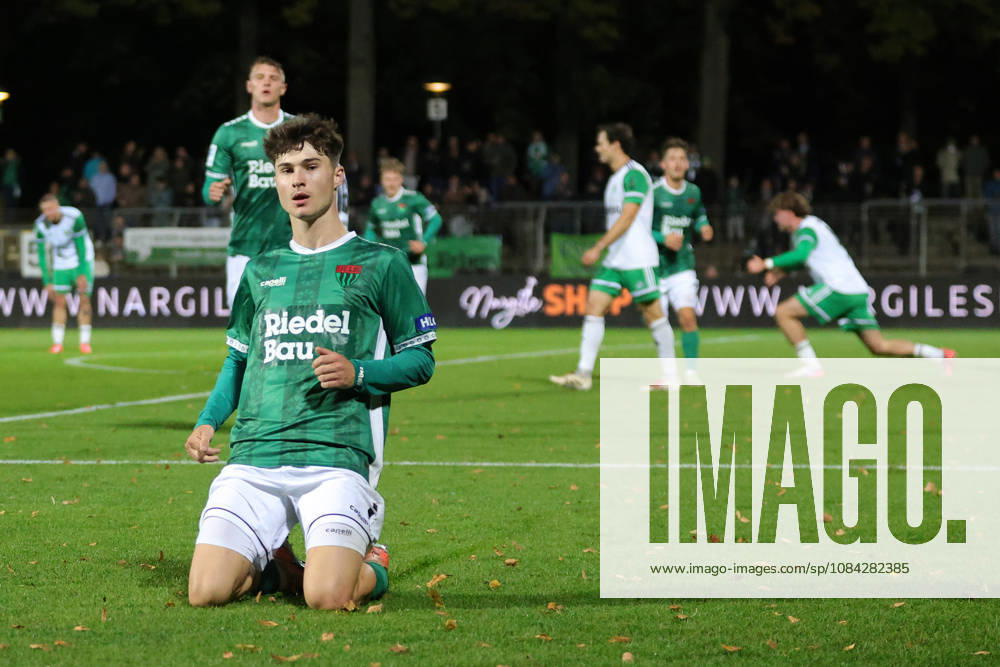 Soccer, Men s, Bavarian Regional League, 2026–2027 Season, Matchday 13: FC Schweinfurt 05 vs. SC Eltersdorf; Goal scorer: Lauris Bausenwein (FC Schweinfurt 05), 21, celebrates his goal to make it 1–1 at the Schweinfurt Riedel Bau Arena in the Sachs Stadium, Bavaria, Lower Franconia, Germany