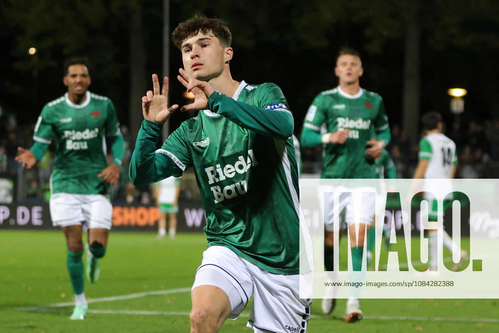 Soccer, Men s, Bavarian Regional League, 2026–2027 Season, Matchday 13: FC Schweinfurt 05 vs. SC Eltersdorf; Goal scorer: Lauris Bausenwein (FC Schweinfurt 05), 21, celebrates his goal to make it 1–1 at the Schweinfurt Riedel Bau Arena in the Sachs Stadium, Bavaria, Lower Franconia, Germany