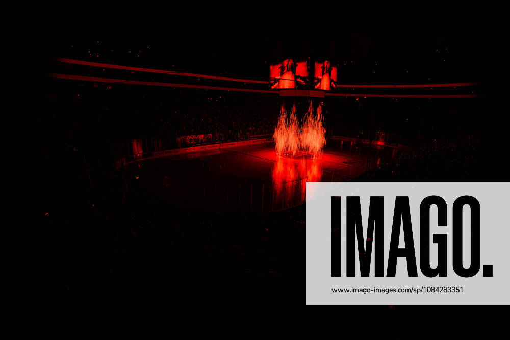 COLOGNE, GERMANY - 9 OCTOBER, 2026: (Editor note: used red filter) General view pre show - The PENNY DEL Ice hockey, Eishockey match Koelner Haie vs. Schwenninger Wild Wings at LANXESS arena.