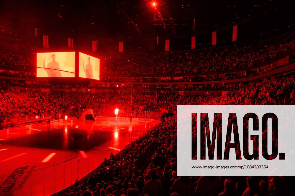 COLOGNE, GERMANY - 9 OCTOBER, 2026: (Editor note: used red filter) General view pre show - The PENNY DEL Ice hockey, Eishockey match Koelner Haie vs. Schwenninger Wild Wings at LANXESS arena.
