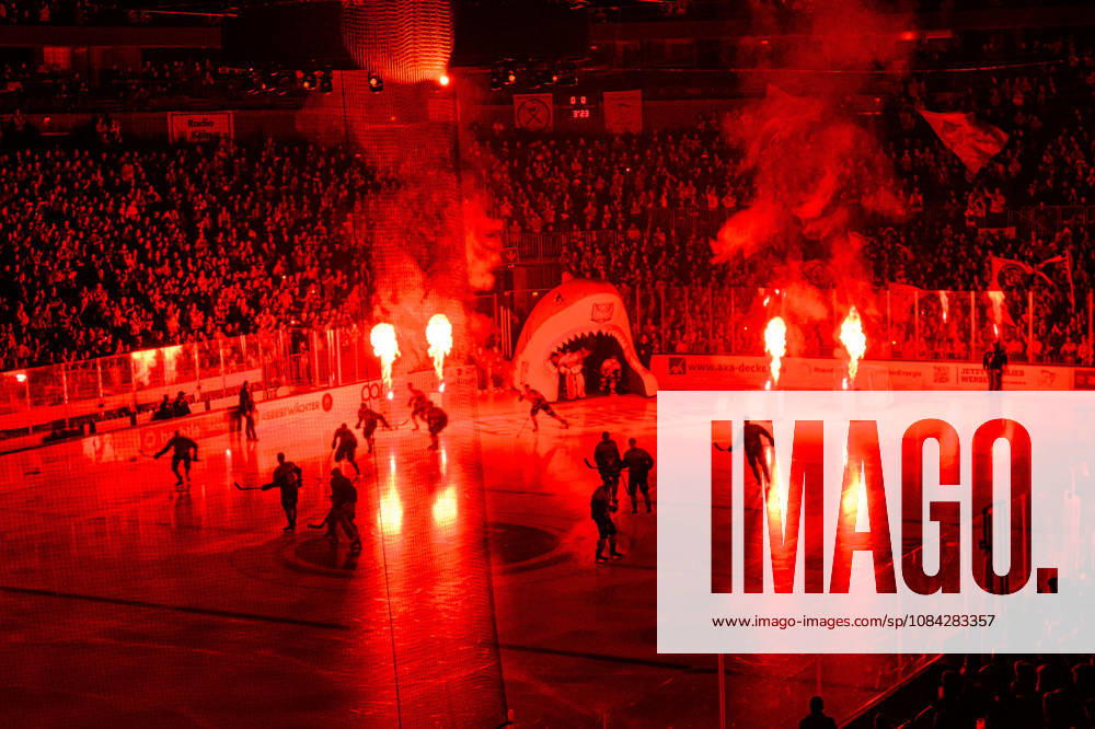 COLOGNE, GERMANY - 9 OCTOBER, 2026: (Editor note: used red filter) General view pre show - The PENNY DEL Ice hockey, Eishockey match Koelner Haie vs. Schwenninger Wild Wings at LANXESS arena.