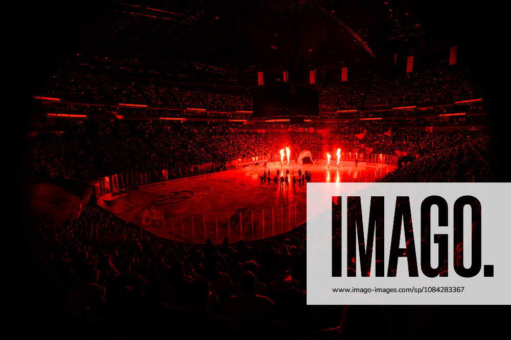 COLOGNE, GERMANY - 9 OCTOBER, 2026: (Editor note: used red filter) General view pre show - The PENNY DEL Ice hockey, Eishockey match Koelner Haie vs. Schwenninger Wild Wings at LANXESS arena.