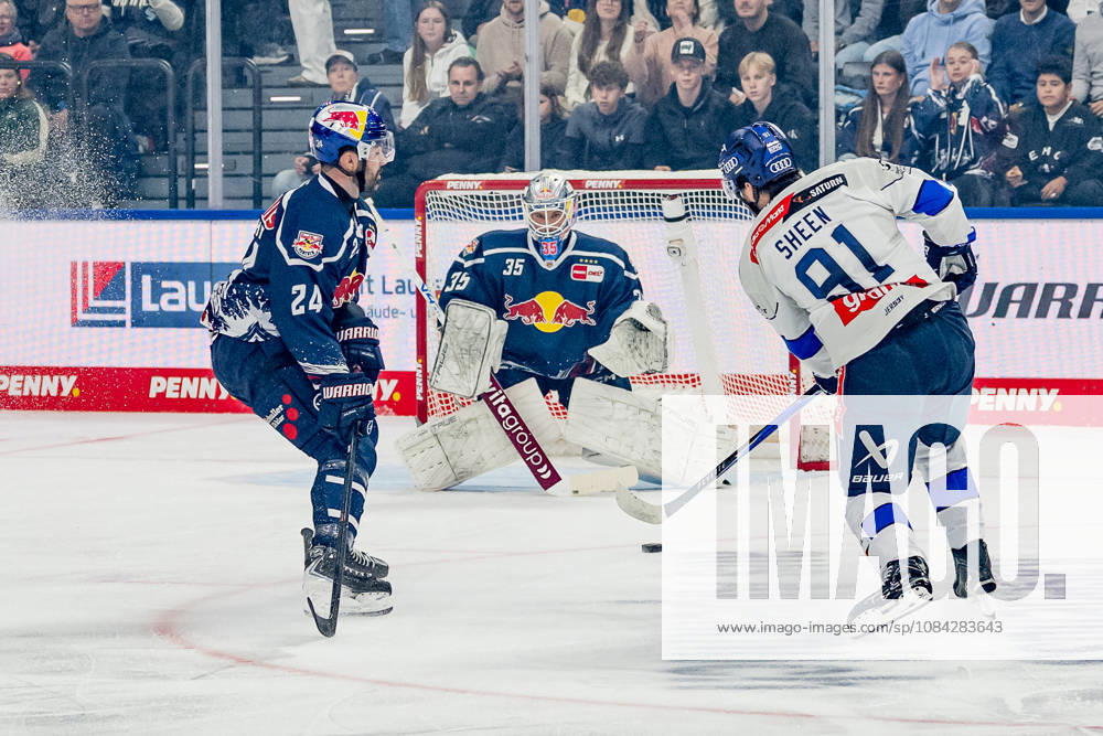 Ryan Murphy of EHC Red Bull Munich (24) is unable to stop a shot by Riley Sheen of ERC Ingolstadt (91) on the goal of Mathias Niederberger, goaltender for EHC Red Bull Munich (35), GER, EHC Red Bull Munich vs. ERC Ingolstadt, DEL, 2026–2027 season, Matchday 7, October 9, 2026. Photo: HMB Media, Franz Feiner