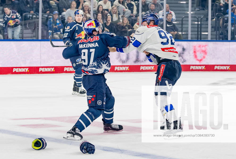 Brawl between Jeremy McKenna (EHC Red Bull Munich, 91) and Daniel Schmoelz (ERC Ingolstadt, 92 GER), EHC Red Bull Munich vs. ERC Ingolstadt, DEL, 2026–2027 season, Matchday 7, October 9, 2026 Photo: HMB Media, Franz Feiner