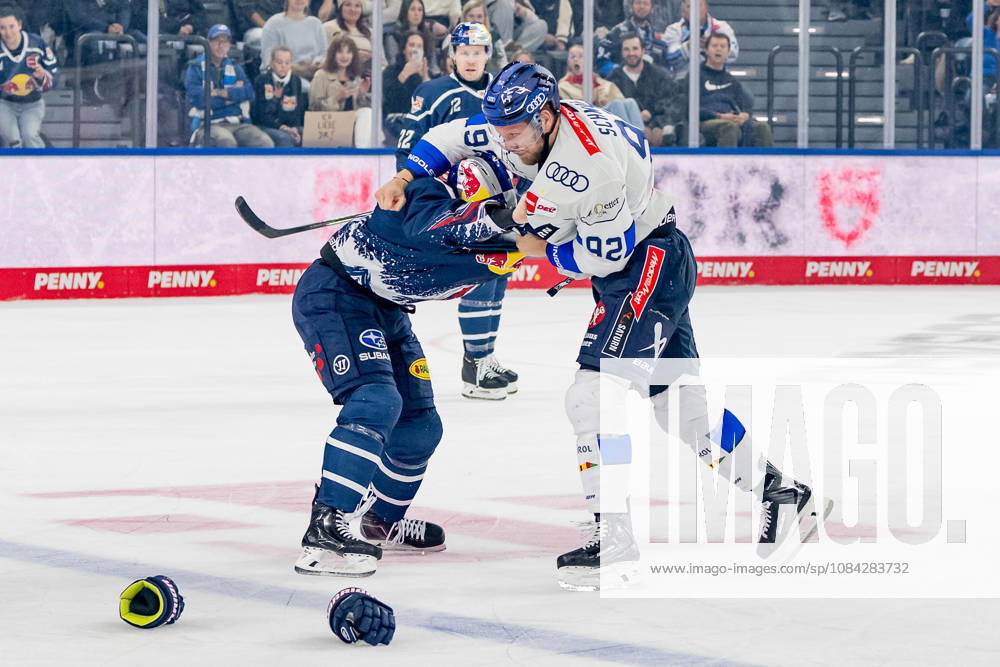Brawl between Jeremy McKenna (EHC Red Bull Munich, 91) and Daniel Schmoelz (ERC Ingolstadt, 92 GER), EHC Red Bull Munich vs. ERC Ingolstadt, DEL, 2026–2027 season, Matchday 7, October 9, 2026 Photo: HMB Media, Franz Feiner