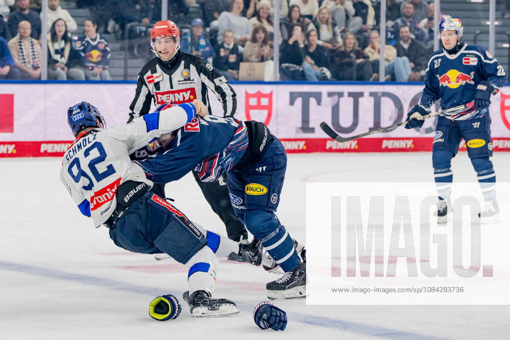 Brawl between Jeremy McKenna (EHC Red Bull Munich, 91) and Daniel Schmoelz (ERC Ingolstadt, 92 GER), EHC Red Bull Munich vs. ERC Ingolstadt, DEL, 2026–2027 season, Matchday 7, October 9, 2026 Photo: HMB Media, Franz Feiner
