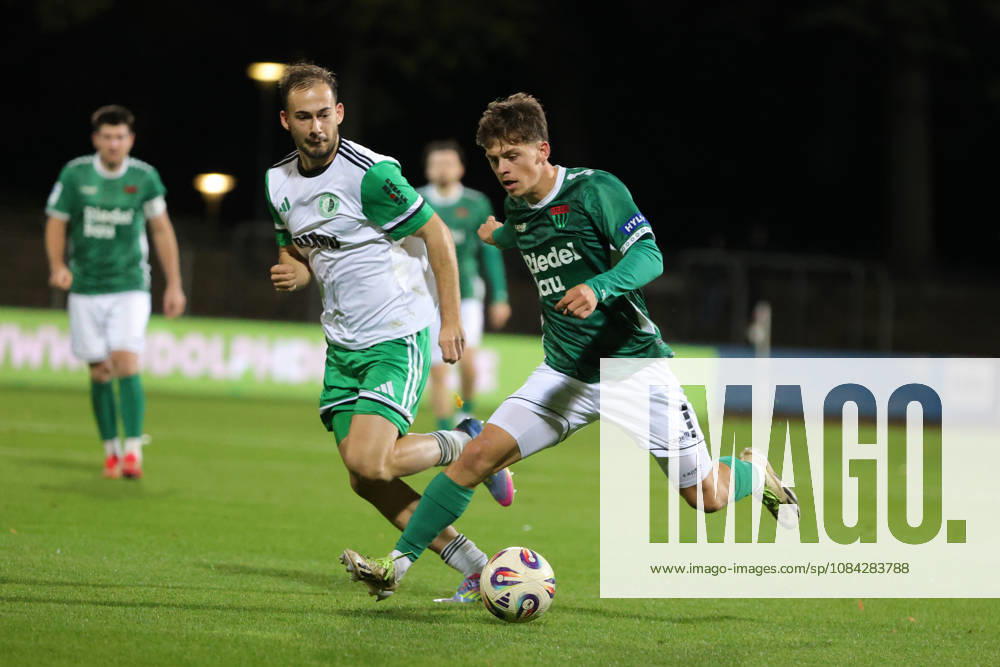 Soccer, Men s, Bavarian Regional League, 2026–2027 Season, Matchday 13: FC Schweinfurt 05 vs. SC Eltersdorf. From left: Manfred Strobel (SC Eltersdorf, No. 7) against Valentin Schmitt (FC Schweinfurt 05, No. 11). Schweinfurt, Riedel Bau Arena at Sachs Stadio, Bavaria, Lower Franconia, Germany