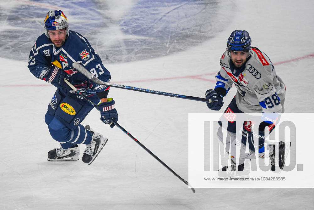Munich, Germany PENNY DEL, German Ice Hockey League, 2026–27 season, Matchday 7: EHC Red Bull Munich vs. ERC Ingolstadt at SAP Garden in Munich Maximilian Kastner of EHC Red Bull Munich looks pensive, serious, and focused alongside Peter Abbandonato of ERC Ingolstadt