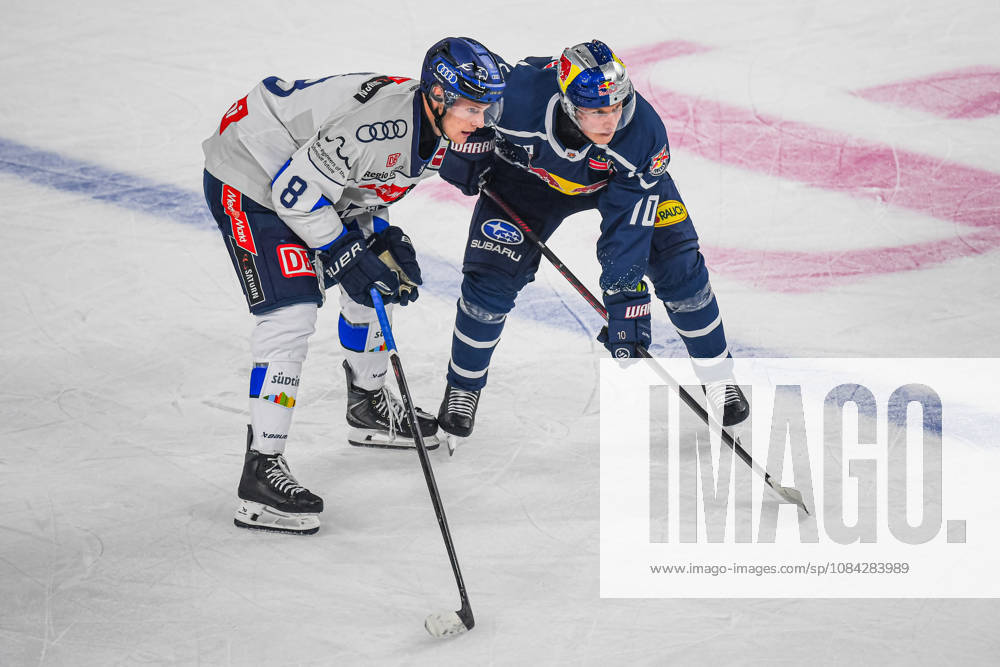 Munich, Germany PENNY DEL, German Ice Hockey League, 2026–27 season, Matchday 7: EHC Red Bull Munich vs. ERC Ingolstadt at SAP Garden in Munich; Elias Pul of ERC Ingolstadt and Elis Hede of EHC Red Bull Munich look pensive, serious, and focused