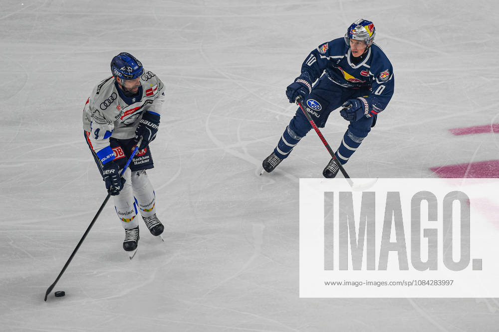 Munich, Germany PENNY DEL, German Ice Hockey League, 2026–27 season, Matchday 7: EHC Red Bull Munich vs. ERC Ingolstadt at SAP Garden in Munich; Elis Hede of EHC Red Bull Munich looks pensive, serious, and focused alongside Morgan Ellis of ERC Ingolstadt