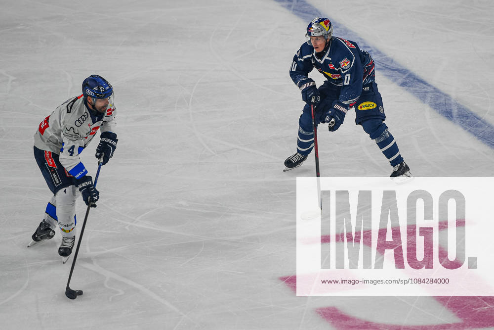 Munich, Germany PENNY DEL, German Ice Hockey League, 2026–27 season, Matchday 7: EHC Red Bull Munich vs. ERC Ingolstadt at SAP Garden in Munich; Elis Hede of EHC Red Bull Munich looks pensive, serious, and focused alongside Morgan Ellis of ERC Ingolstadt