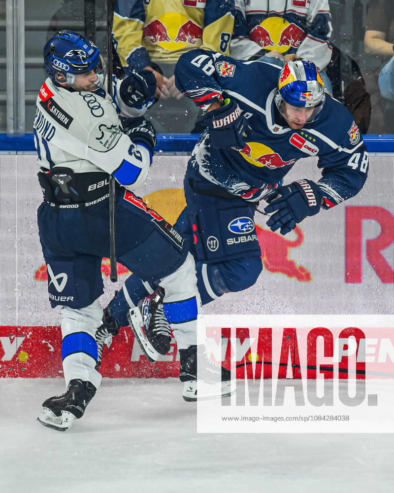 Munich, Germany PENNY DEL, German Ice Hockey League, 2026–27 season, Matchday 7: EHC Red Bull Munich vs. ERC Ingolstadt at SAP Garden in Munich. Lucas Thaler of EHC Red Bull Munich falls right away.
