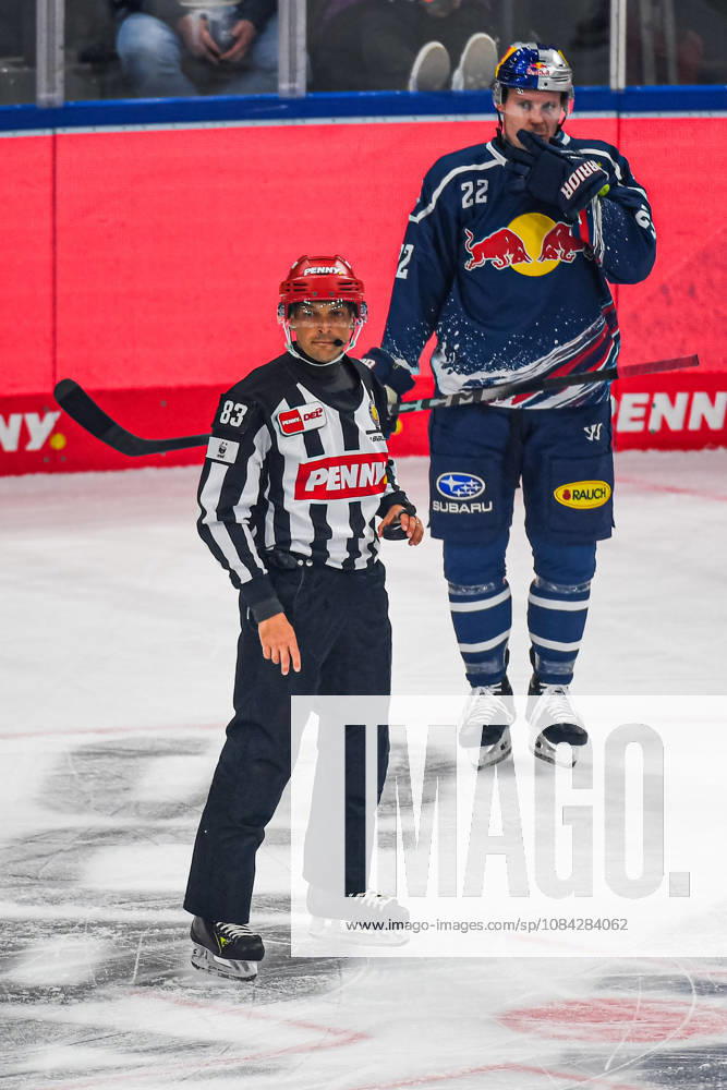 Munich, Germany; PENNY DEL, German Ice Hockey League, 2026–27 season, Matchday 7: EHC Red Bull Munich vs. ERC Ingolstadt at SAP Garden in Munich; Referee looking pensive, serious, and focused