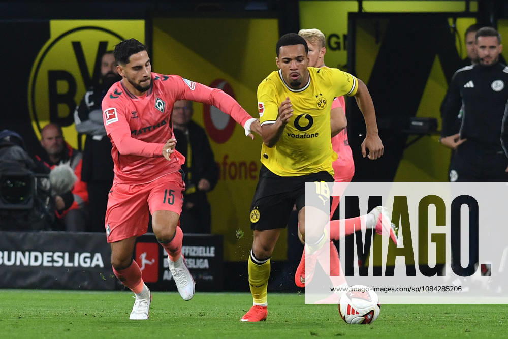 Ludovic Reis of Werder Bremen and Ethan Nwaneri of Borussia Dortmund battle for the ball during the Bundesliga match between Borussia Dortmund and SV Werder Bremen at Signal Iduna Park on October 9, 2026, in Dortmund, Germany Photo by Ralf Treese, DeFodi Images Ludovic Reis of Werder Bremen and Ethan Nwaneri of Borussia Dortmund battle for the ball during the Bundesliga match between Borussia Dortmund and SV Werder Bremen at Signal Iduna Park on October 9, 2026 in Dortmund, Germany. Photo by Ralf Treese, DeFodi Images. DFB and DFL regulations prohibit any use of photographs as image sequences and or quasi-video. Photo by Ralf Treese, DeFodi Images.