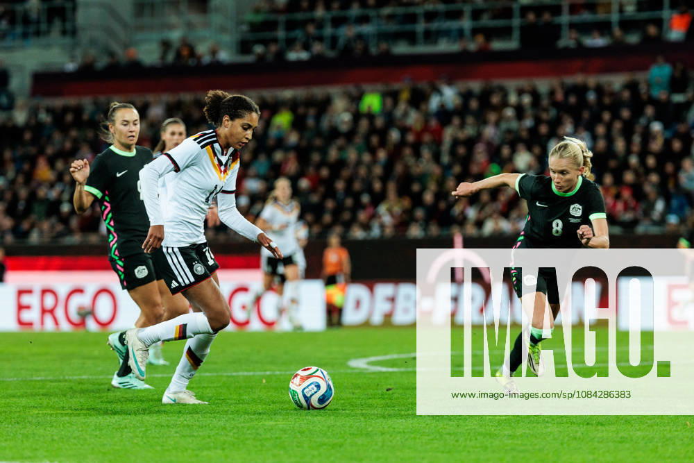 Cora Zicai (Germany, 14) controls the ball against Kaitlyn Torpey (Australia, 8) during the International Friendly, Länderspiel, Nationalmannschaft match between Germany vs. Australia at BBBank Wildpark on October 09, 2026 in Karlsruhe, Germany. Germany