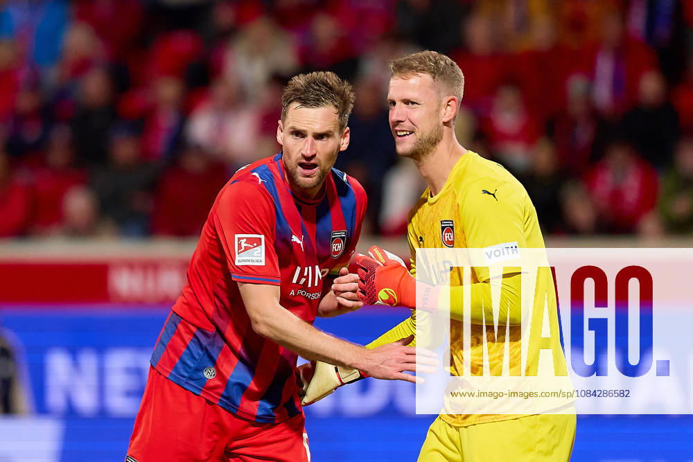 Patrick Mainka (1 FC Heidenheim, 06) and Thomas Daehne (1 FC Heidenheim, 33) high-five each other, celebrating a successful rescue mission GER, 1 FC Heidenheim 1846 vs. 1 FC Kaiserslautern, soccer, 2. Bundesliga, Matchday 7, 2026–2027 season, October 9, 2026 DFL regulations prohibit any use of photographs as image sequences and or quasi-video GER, 1 FC Heidenheim 1846 vs. 1 FC Kaiserslautern, soccer, 2. Bundesliga, Matchday 7, 2026–2027 season, October 9, 2026, Heidenheim an der Brenz