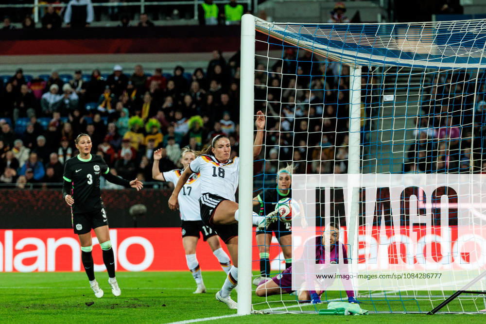 Melissa Koessler (Kössler, Germany, 18) scores the 1:0 goal during the International Friendly, Länderspiel, Nationalmannschaft match between Germany vs. Australia at BBBank Wildpark on October 09, 2026 in Karlsruhe, Germany. Germany