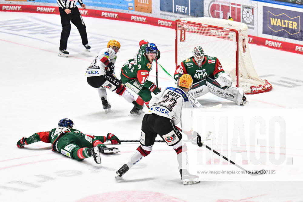 Penny DEL Augsburger Panther vs. Fischtown Pinguins, October 9, 2026, AUGSBURG, GERMANY, October 9: From left, Ryan BUTTON (Augsburger Panther, 55), Max GÖRTZ (Fischtown Pinguins, 23), Andy MIELE, Fischtown Pinguins 51, D. J. BUSDEKER, Augsburger Panther 14, and Tobias ANCICKA, Augsburger Panther 45, during the Penny DEL match between the Augsburger Panther and the Fischtown Pinguins on Matchday 7 at Curt Frenzel Stadium