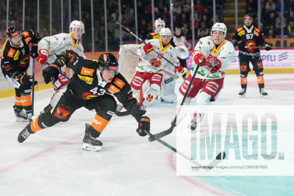 3014 Bern BE, Switzerland - October 09: Alain Graf (43 SCB) against Mark Sever (23 EHCB) during the National League match between SC Bern and EHC Biel-Bienne at PostFinance Arena on October 09, 2026 in 3014 Bern BE, Switzerland.