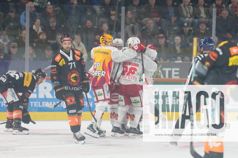3014 Bern BE, Switzerland - October 09: Jeff Skinner (53 EHCB) celebrates his goal with the team during the National League match between SC Bern and EHC Biel-Bienne at PostFinance Arena on October 09, 2026 in 3014 Bern BE, Switzerland.
