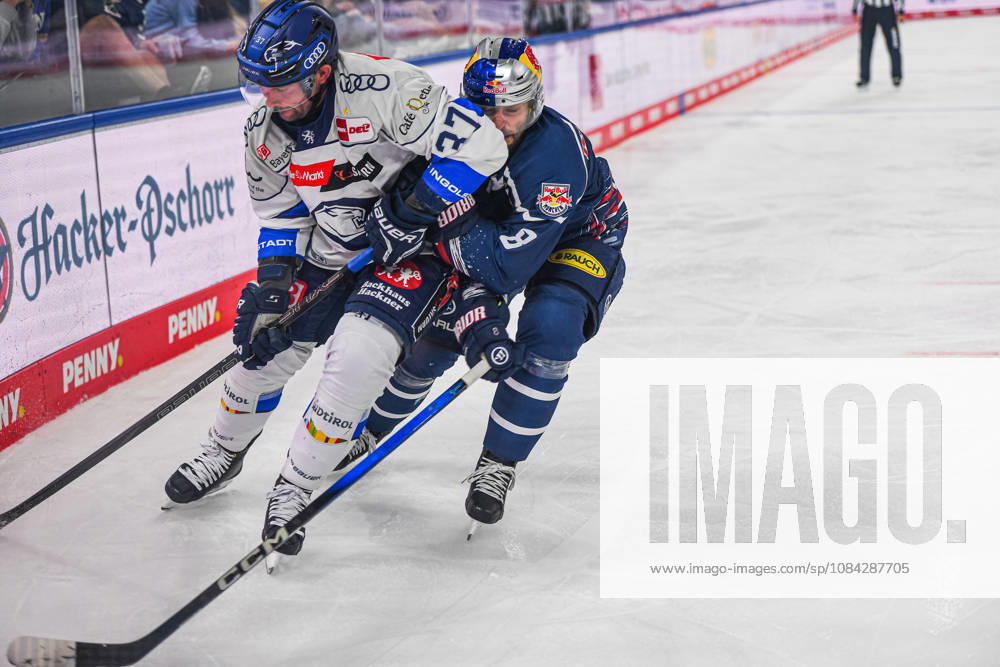 Munich, Germany PENNY DEL, German Ice Hockey League, 2026–27 season, Matchday 7: EHC Red Bull Munich vs. ERC Ingolstadt at SAP Garden in Munich; Tobias Rieder of EHC Red Bull Munich battles Riley Barber of ERC Ingolstadt for the puck