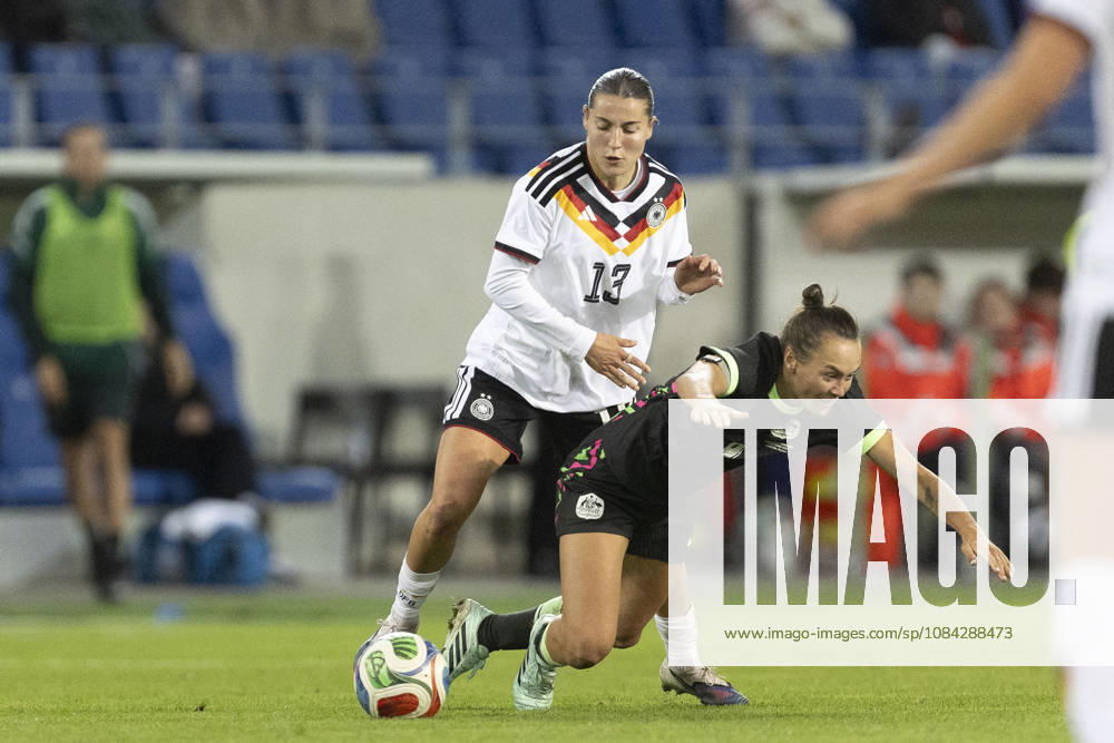 GER, Karlsruhe, football, womens football, International Friendly, Länderspiel, Nationalmannschaft Germany vs. Australia in the picture f.l.: Carlotta Wamser (Germany 13), tackle 09.10.2026, BBBank Wildpark Karlsruhe DFB REGULATIONS PROHIBIT ANY USE OF PHOTOGRAPHS AS IMAGE SEQUENCES AND OR QUASI-VIDEO, Karlsruhe BBBank Wildpark Baden-Wuerttemberg Germany