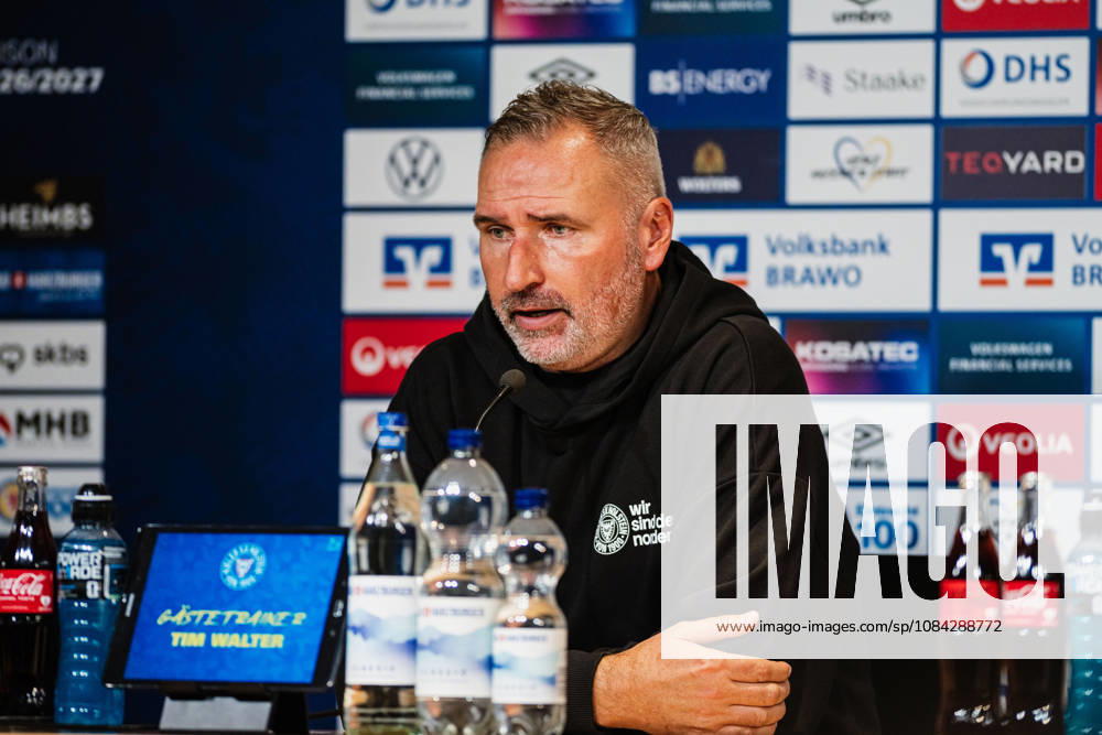 2. Bundesliga: Eintracht Braunschweig vs. Holstein Kiel, October 9, 2026—Tim Walter, Holstein Kiel’s coach, at the press conference. Soccer, 2. Bundesliga, Matchday 7: Eintracht Braunschweig vs. Holstein Kiel on October 9, 2026, at Eintracht Stadium, Braunschweig. DFL regulations prohibit any use of photographs as image sequences and or quasi-video.