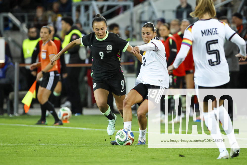 Caitlin Foord of Australia, age 9, and Carlotta Wamser of Germany, age 13, battling for the ball; Germany, soccer, women, friendly match, 2026, Germany vs. Australia, October 9, 2026, Karlsruhe BBBank Wildpark, Germany