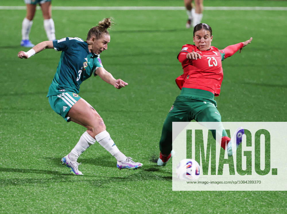 2027 FIFA Women s World Cup Round One Qualifying Play-off First Leg, Inver Park, Larne 9 10 2026 Northern Ireland vs Portugal Northern Irelands Natalie Johnson with Portugal s Telma Encarnaca Natalie Johnson with Telma Encarnaca 9 10 2026